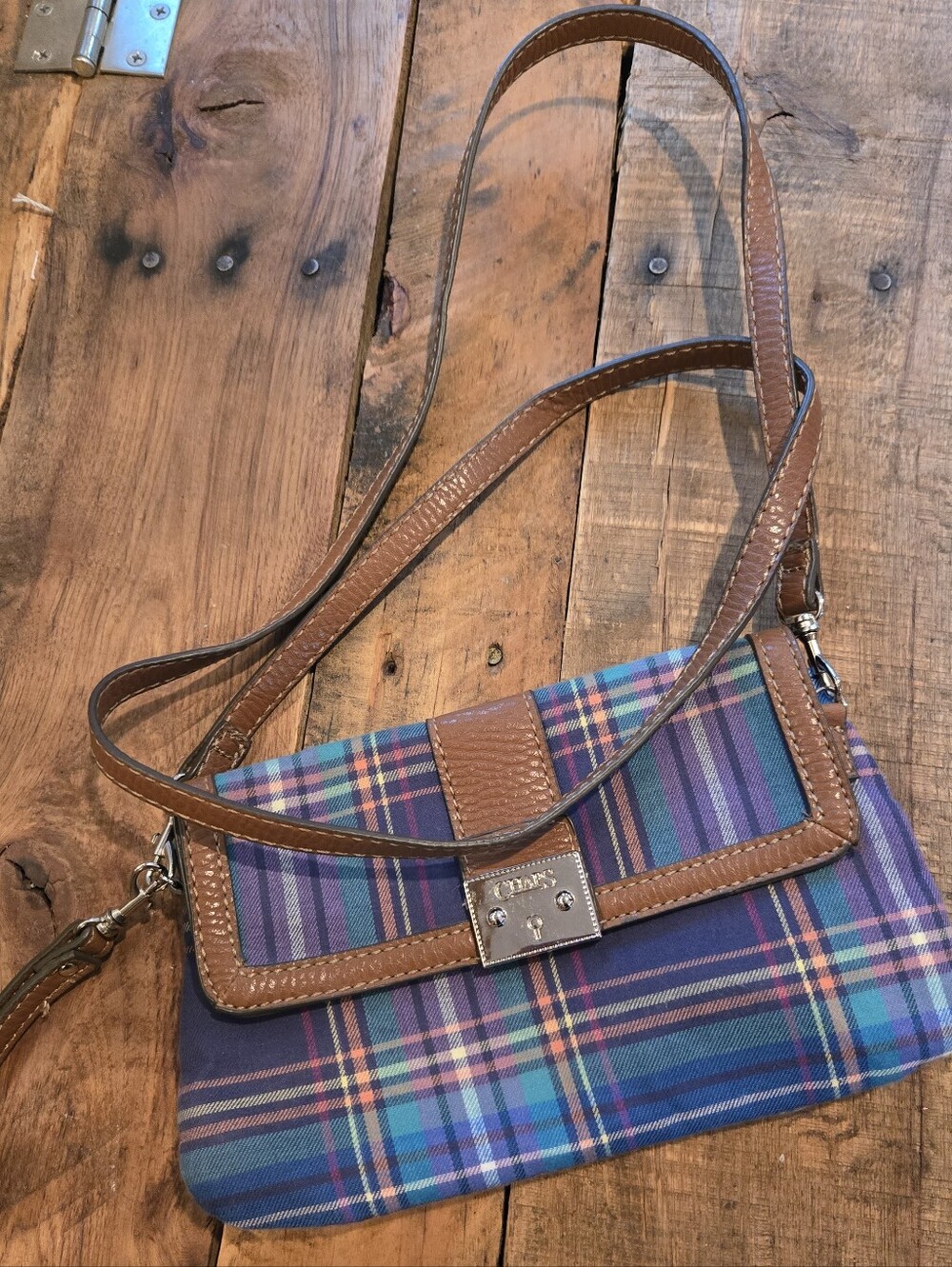 Vtg Chaps Small Crossbody Or Clutch Bag Blue Plaid Canvas Purse